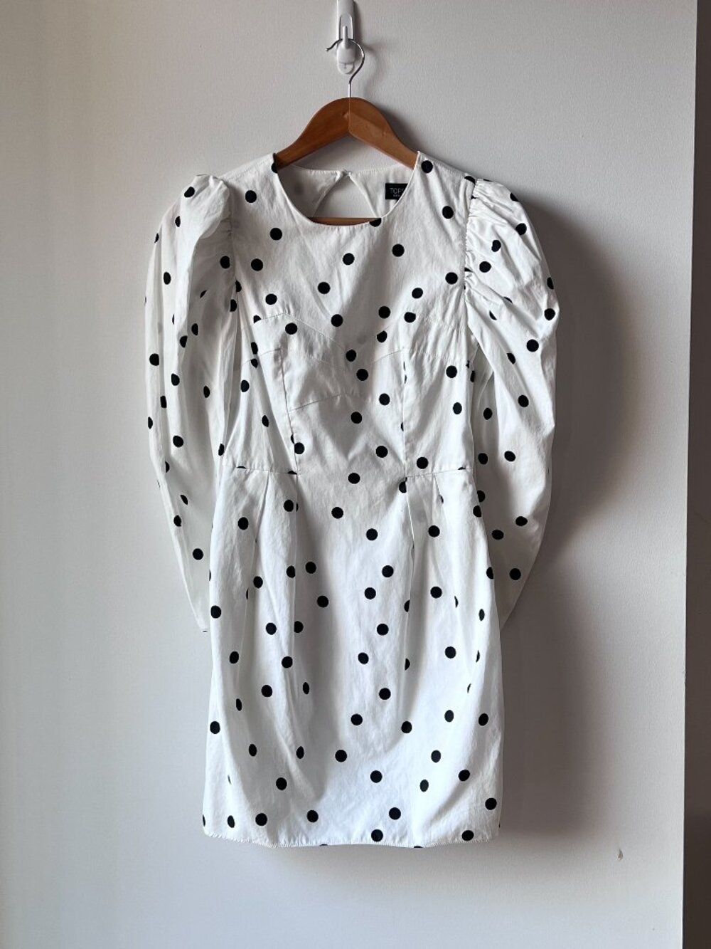 Topshop White Cotton Mini Dress with Black Polka Dot Print. Size 4